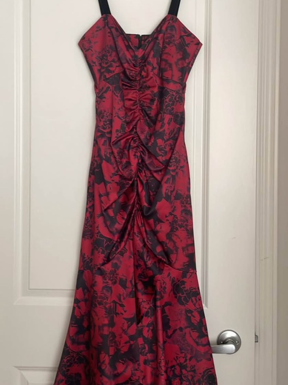 Parker Red and Black Floral Ruched High-Low Dress